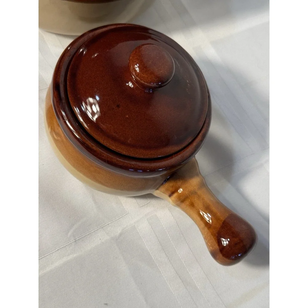 Vintage Brown Bean Pot w/ 2 Matching Handled Ramekins – Rustic Stoneware Set